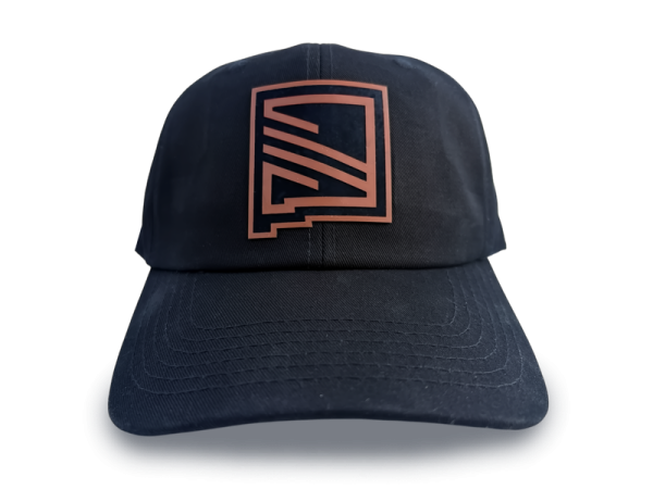 black hat with engraved leather patch