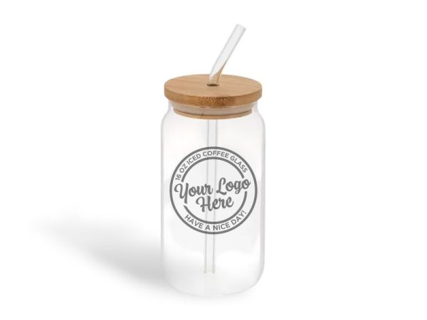 Custom Engraved Iced Coffee Glass w/Straw - Engraved Business Logo