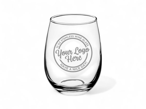 logo engraved stemless wine glass